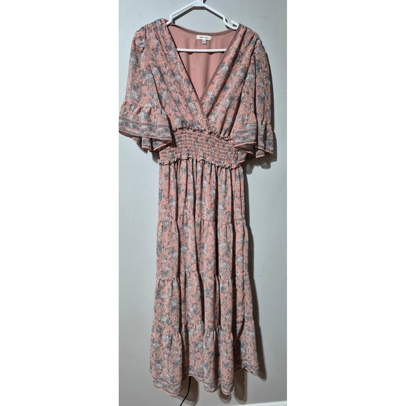 Max Studio Dresses & Skirts - Max Studio Pink Floral Smocked Tiered Maxi Dress Boho Flutter Sleeve 2910Y67 L